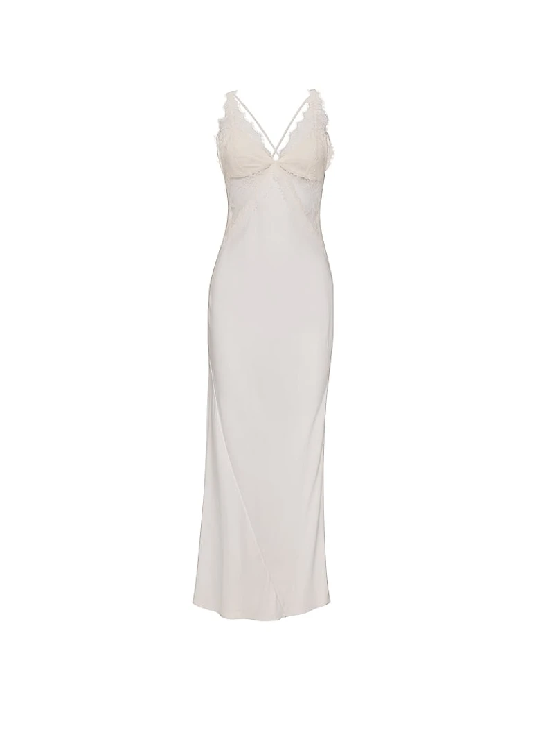 Satin Rose Lace Long Slip Dress