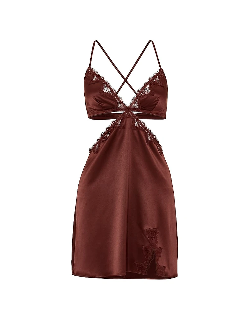 Satin Rose Lace-Trim Cut-Out Mini Slip Dress