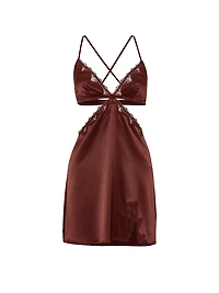 Satin Rose Lace-Trim Cut-Out Mini Slip Dress