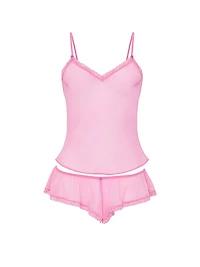Chiffon Lace-Trim Cami & Flutter Shorts Set