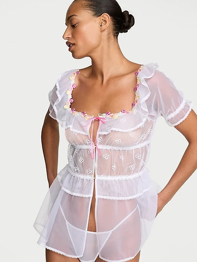 Butterflies Embroidery Tulle Short-Sleeve Babydoll Set