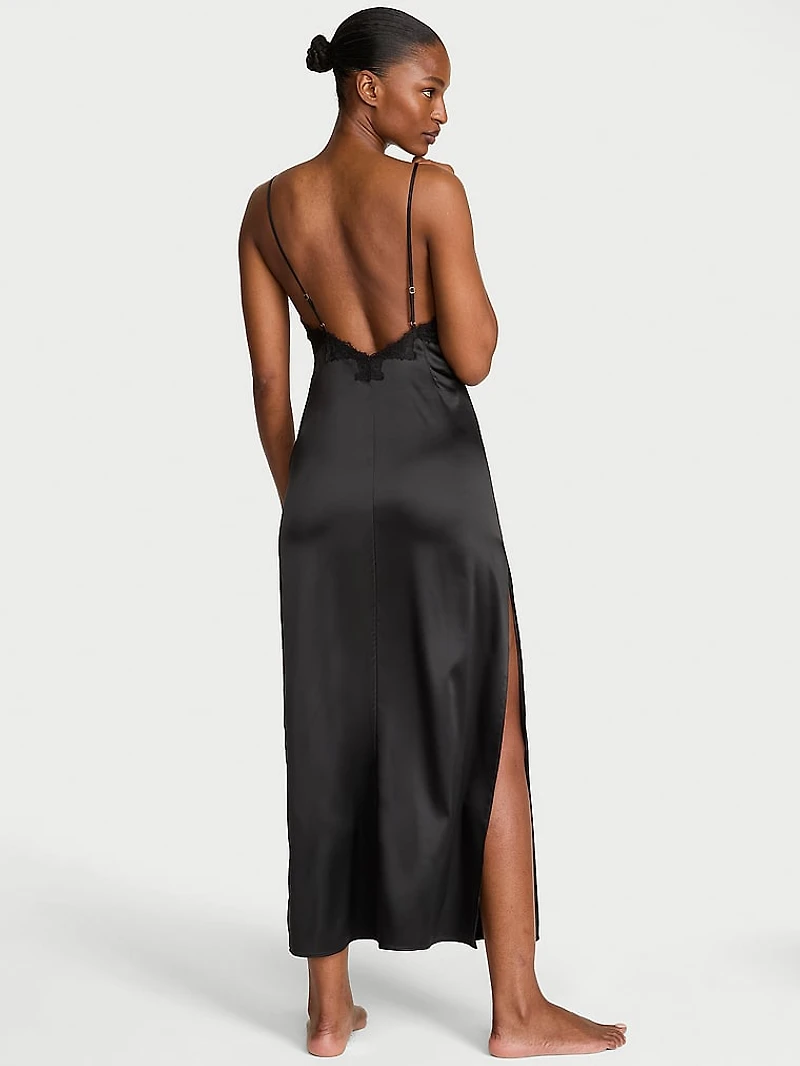 Satin Rose Lace High-Slit Maxi Slip Dress