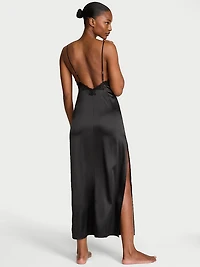 Satin Rose Lace High-Slit Maxi Slip Dress
