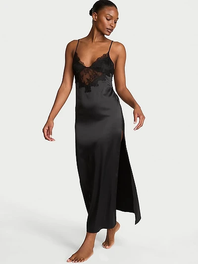 Satin Rose Lace High-Slit Maxi Slip Dress
