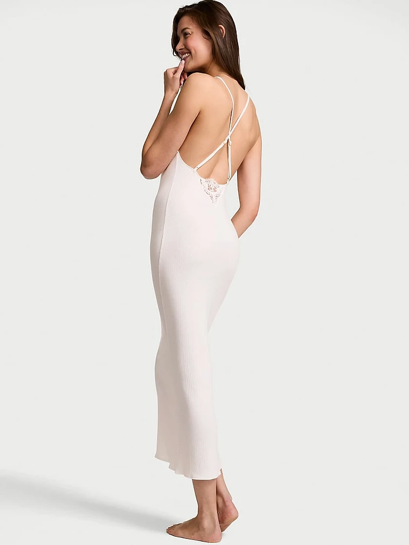 Pointelle Rib Lace-Trim Maxi Slip Dress