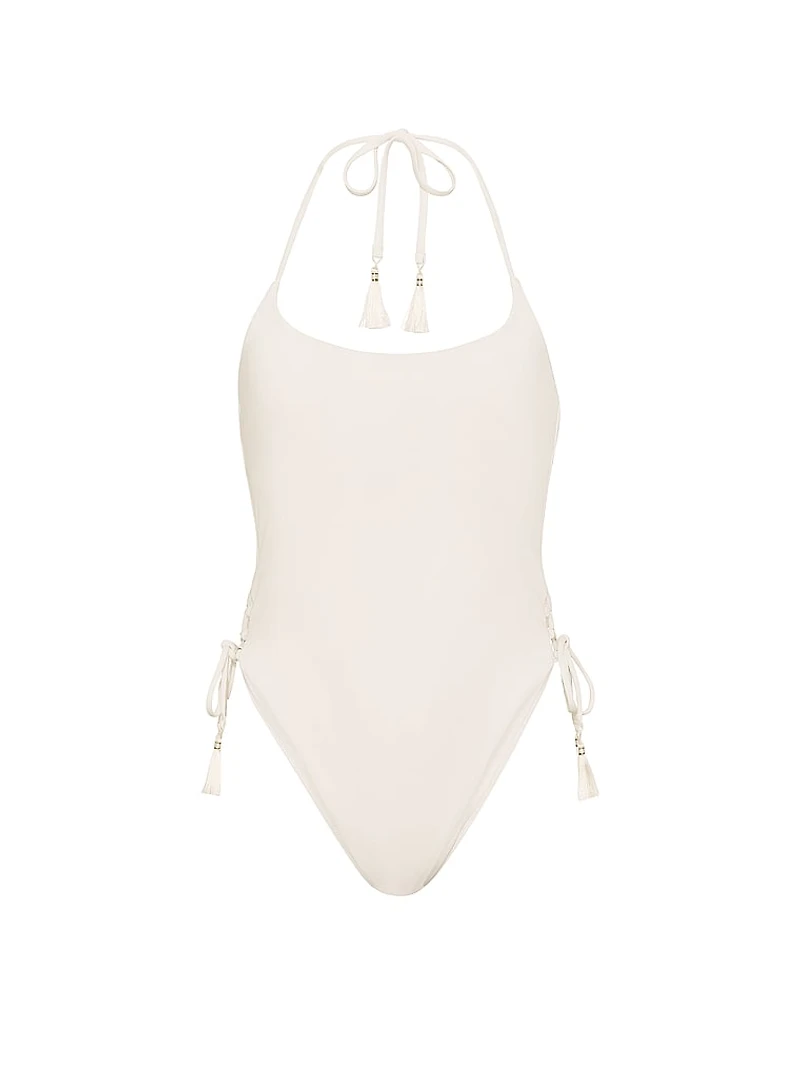 Beaded Lace-Up Brazilian One-Piece Swimsuit