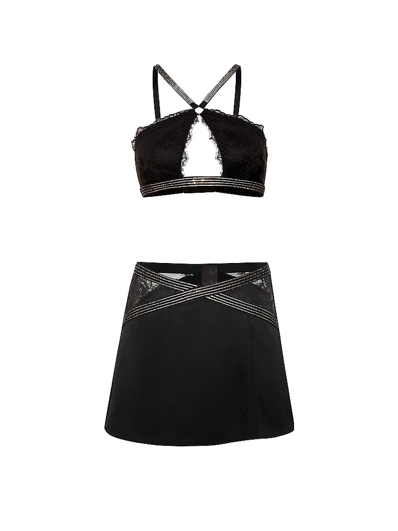 Shine Strap Lace Halter Bralette & Mini Skirt Set