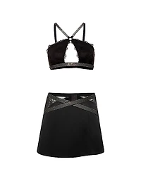 Shine Strap Lace Halter Bralette & Mini Skirt Set