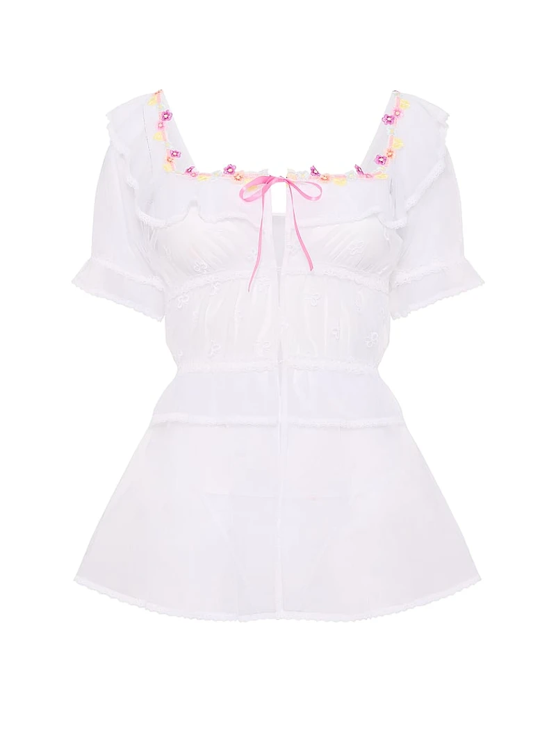 Butterflies Embroidery Tulle Short-Sleeve Babydoll Set
