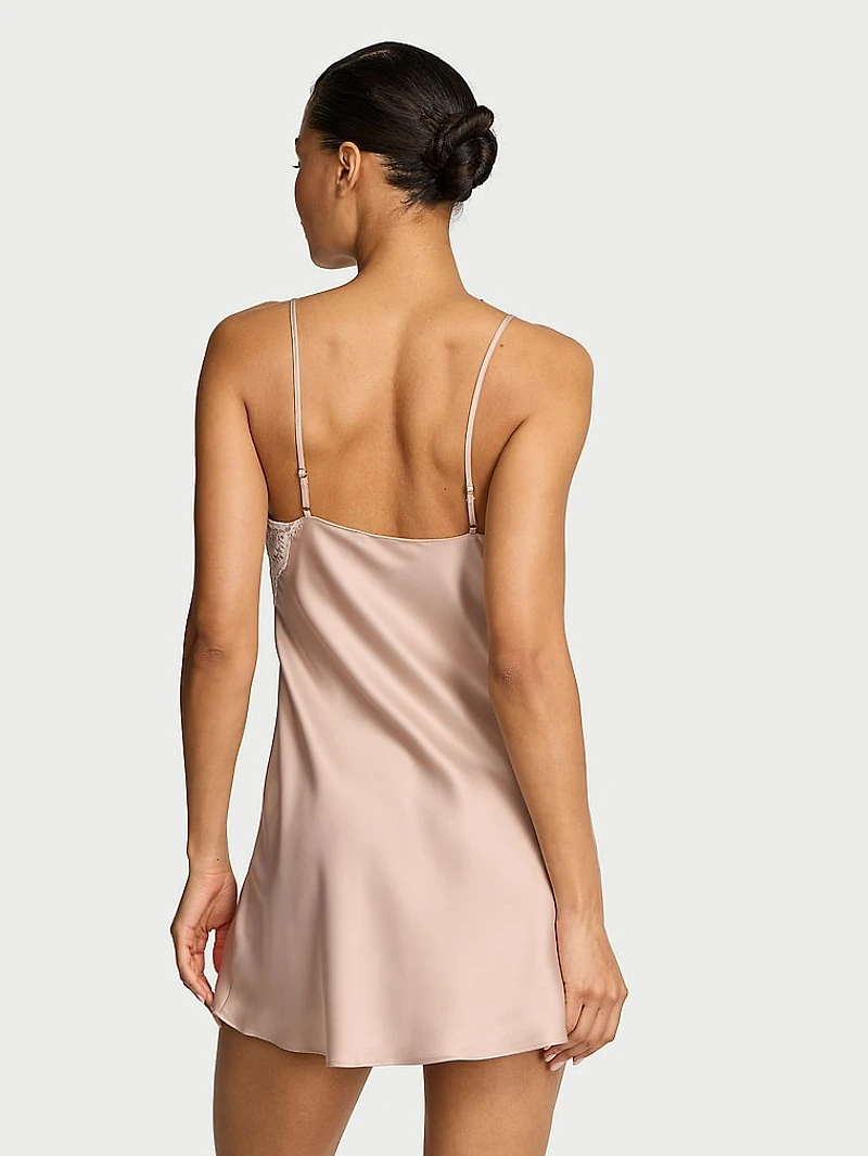 Satin Lace-Trim Short Slip Dress