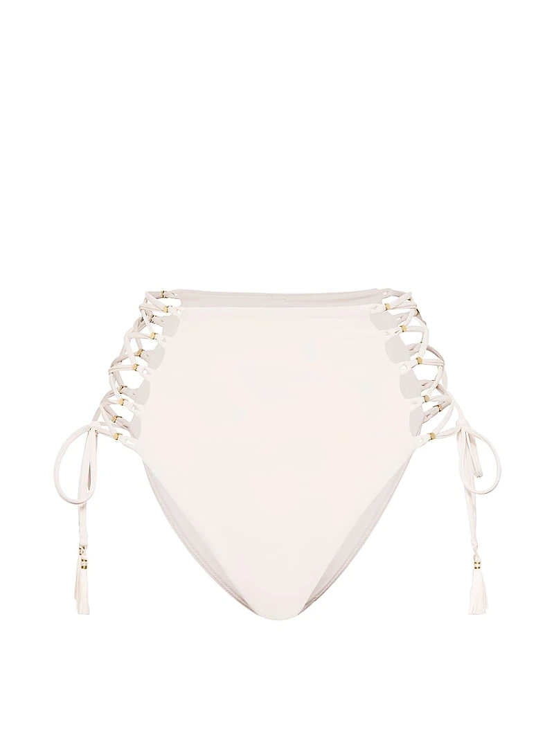 Beaded Lace-Up High-Waist Cheeky Bikini Bottom