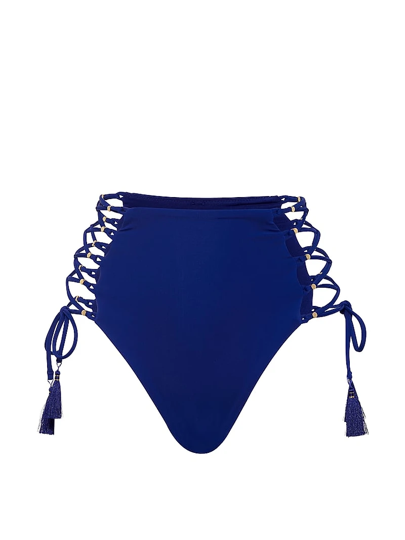 Beaded Lace-Up High-Waist Cheeky Bikini Bottom