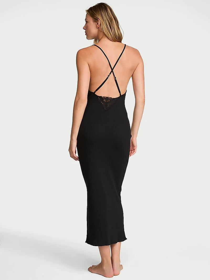 Pointelle Rib Lace-Trim Maxi Slip Dress