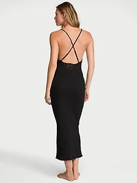 Pointelle Rib Lace-Trim Maxi Slip Dress