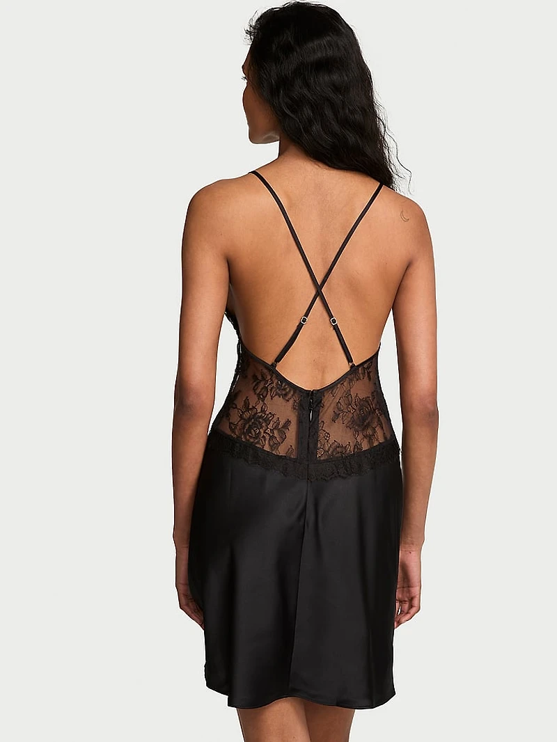 Satin Rose Lace Mini Slip Dress