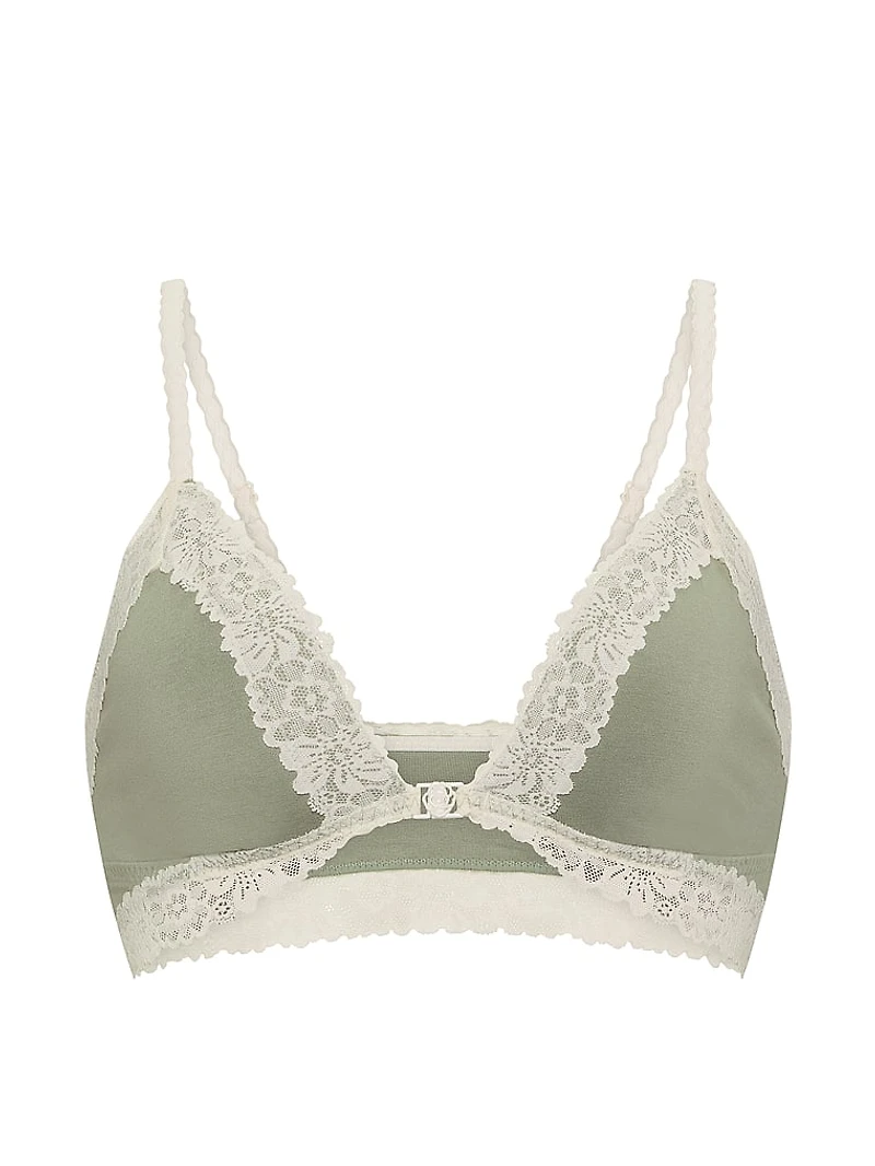Cotton Unlined Lace-Trim Front-Close Triangle Bralette