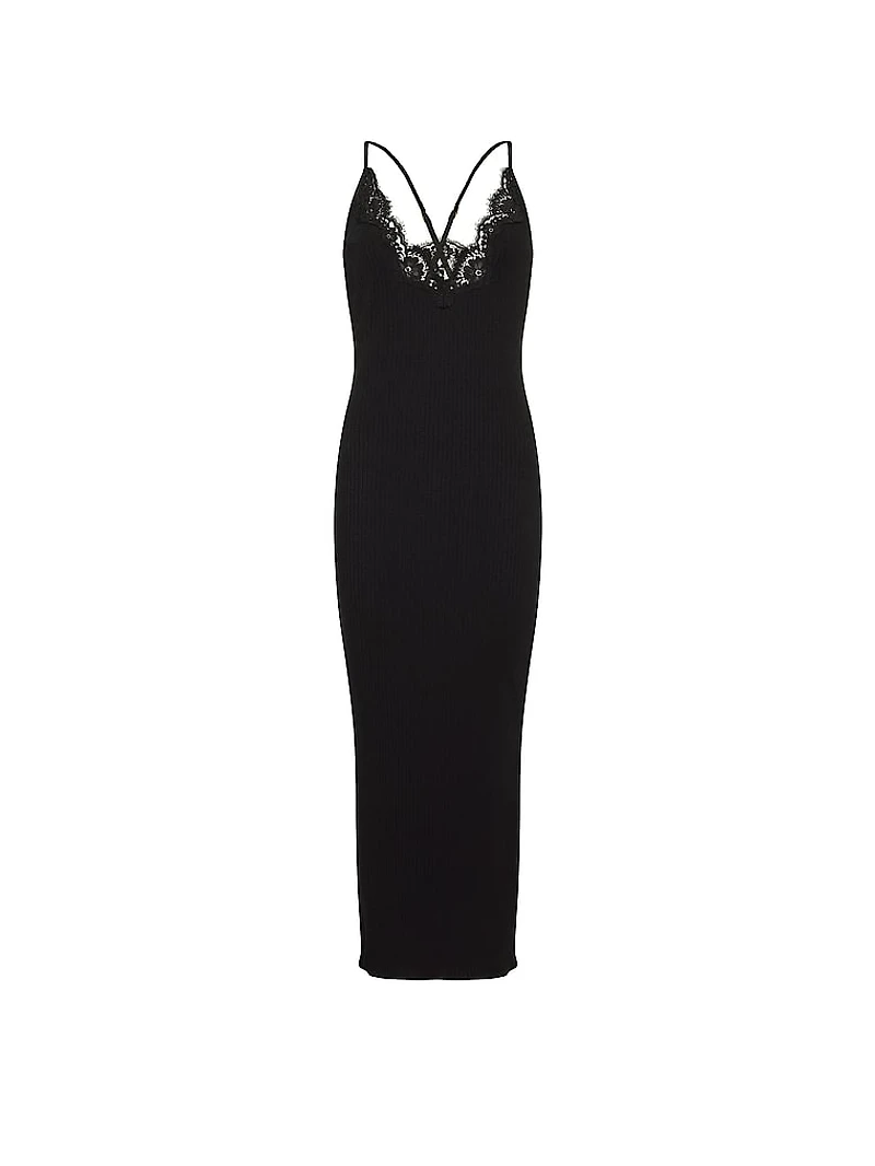 Pointelle Rib Lace-Trim Maxi Slip Dress