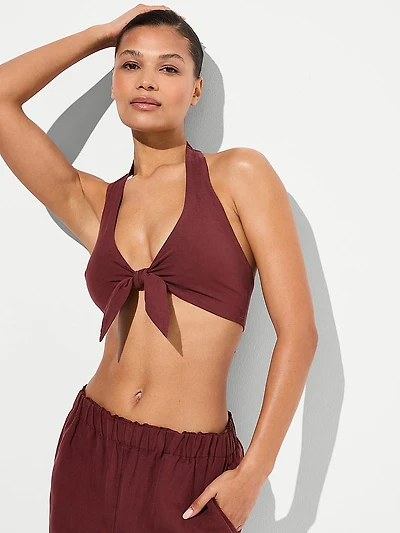 Beachwear Linen Tie-Front Crop Top