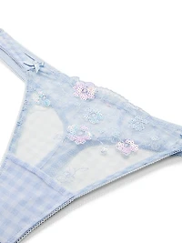 Gingham Embroidery Mesh Thong Panty