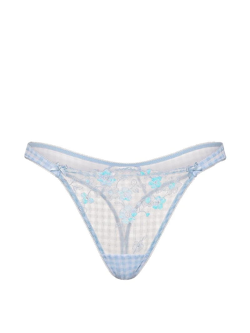 Gingham Embroidery Mesh Thong Panty