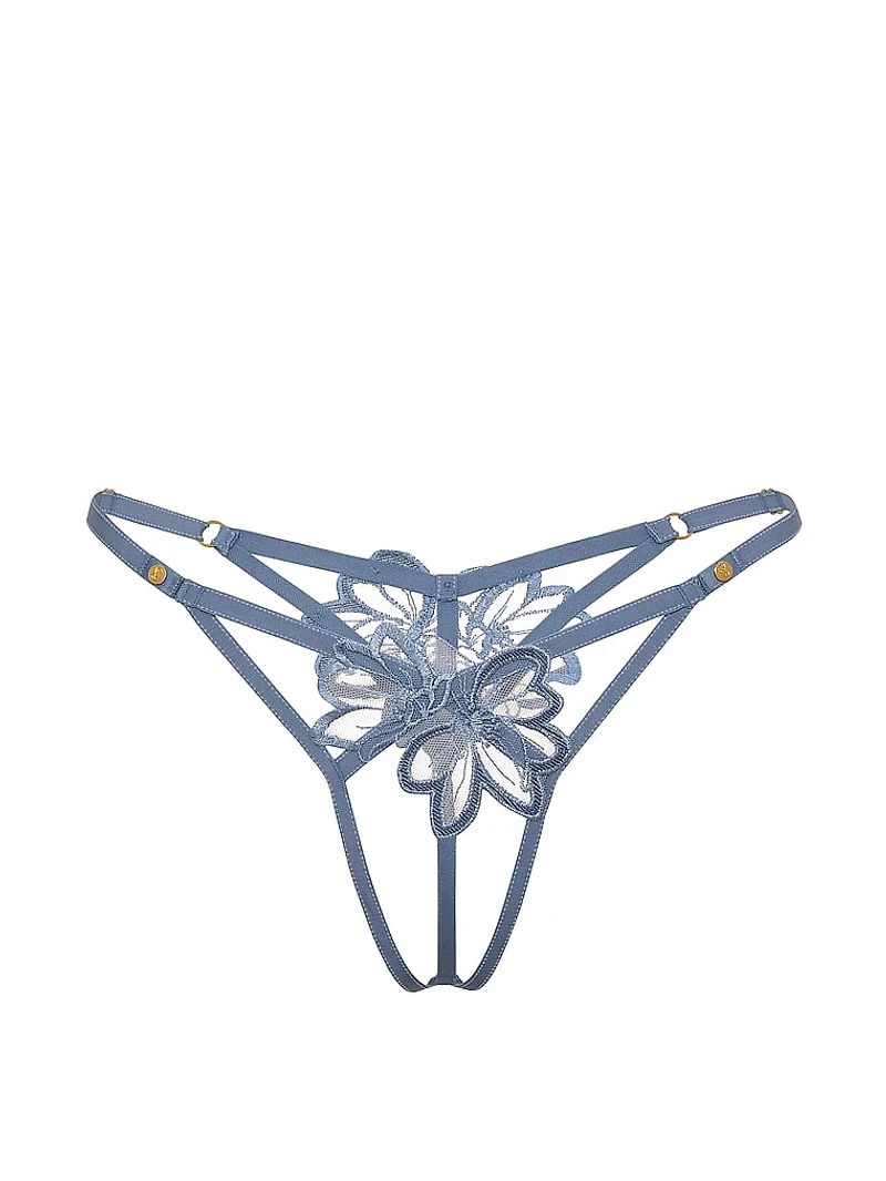 Denim Embroidery Crotchless V-String Panty