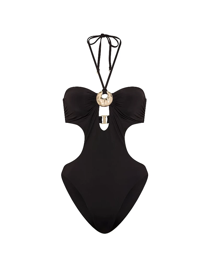 Hammered Hardware Cut-Out Halter One-Piece Swimsuit