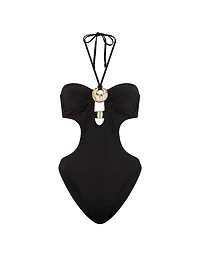 Hammered Hardware Cut-Out Halter One-Piece Swimsuit
