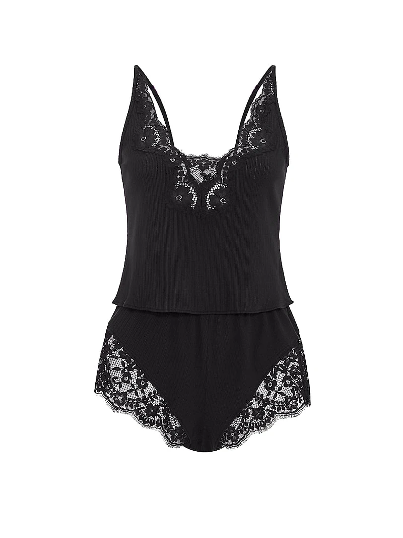 Pointelle Rib Lace-Trim Cami & Short Set