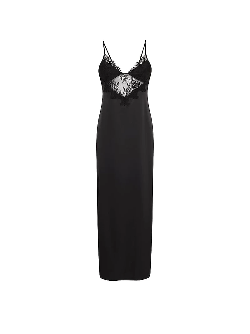 Satin Rose Lace High-Slit Maxi Slip Dress