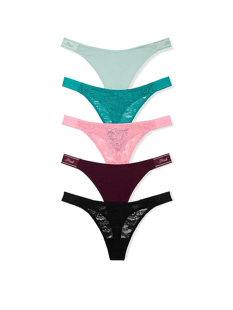 5-Pack Lace Logo Cotton High-Leg Thong Panties