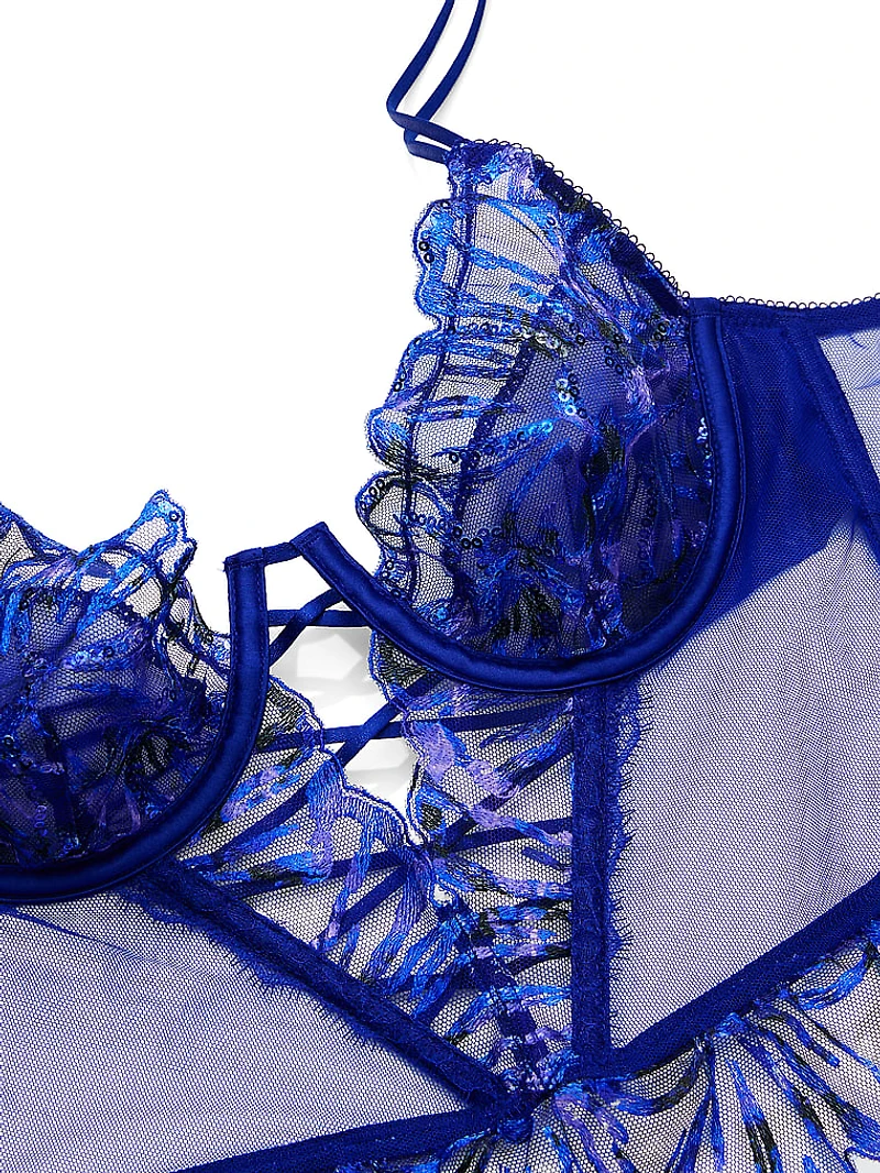 Party Floral Sequin Embroidery Plunge Bra Top
