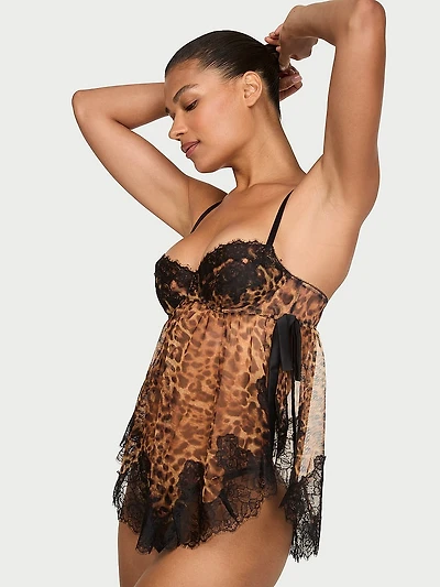 Wicked Sheer Unlined Lace-Trim Babydoll Set