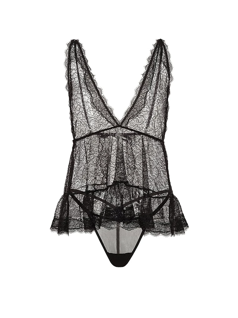 Tease Lace Plunge Babydoll Set