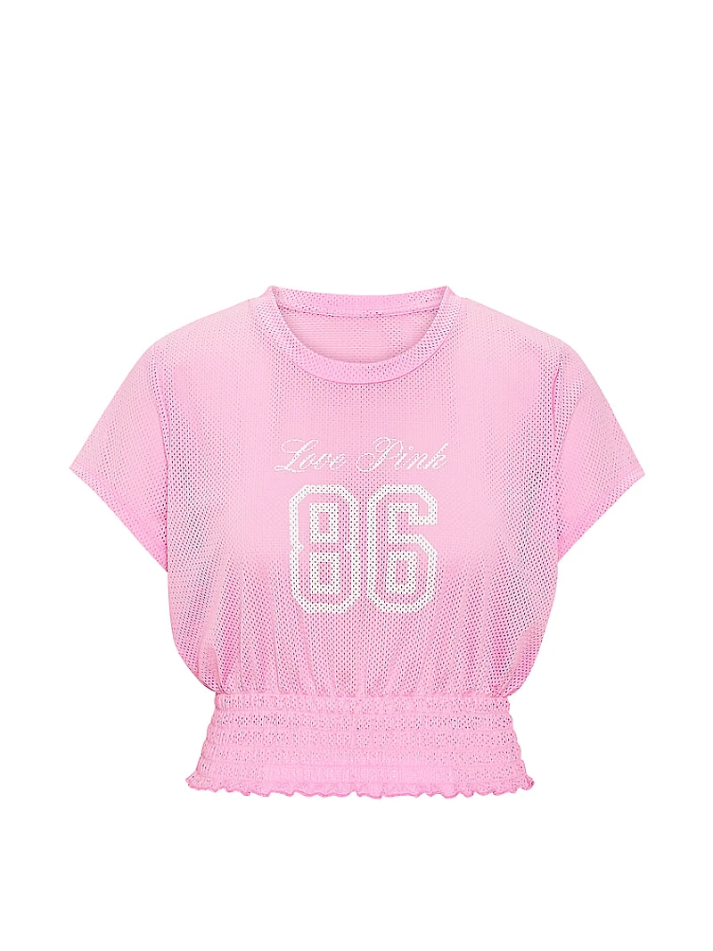 Mesh Smocked-Hem Tee