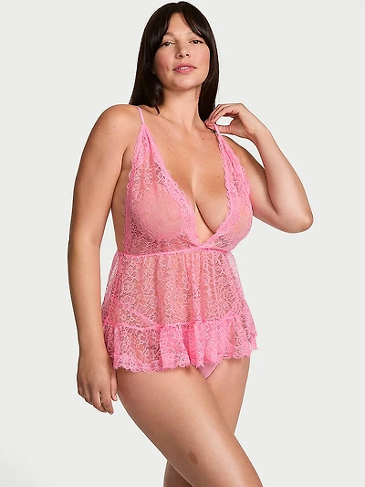 Tease Lace Plunge Babydoll Set