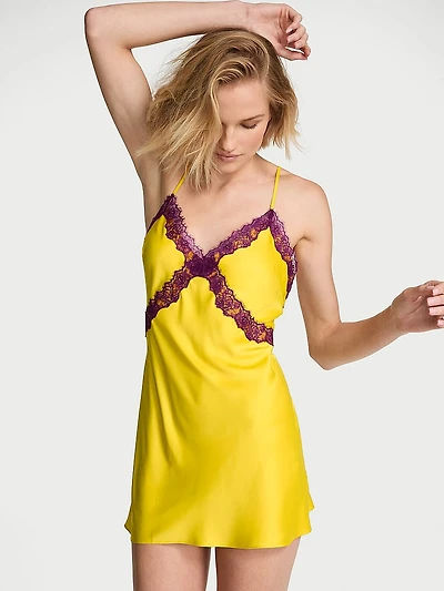 Satin Rose Lace-Trim Mini Slip Dress