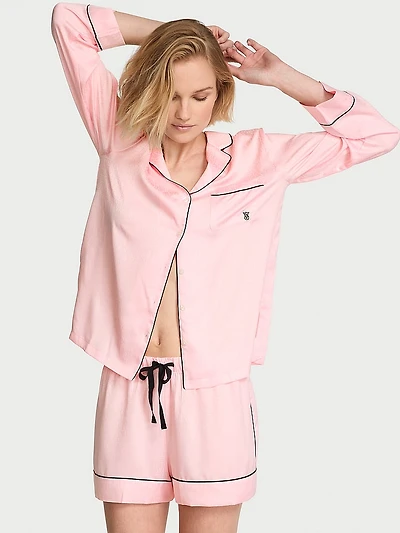Signature Satin Long-Sleeve Short Pajama Set