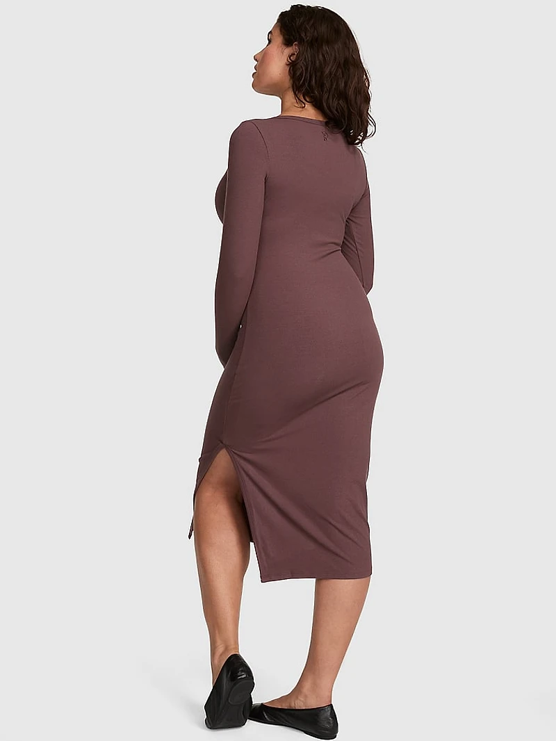 All-Day Soft Rib Long-Sleeve Midi Dress