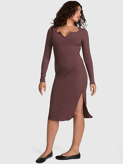 All-Day Soft Rib Long-Sleeve Midi Dress