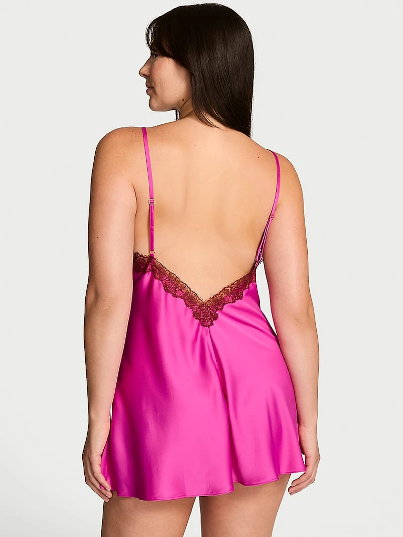 Satin Rose Lace-Trim Mini Slip Dress