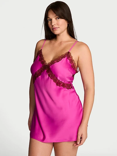 Satin Rose Lace-Trim Mini Slip Dress