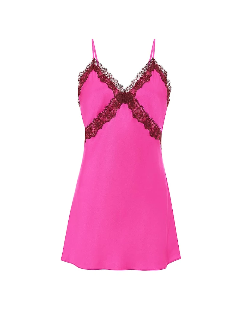 Satin Rose Lace-Trim Mini Slip Dress
