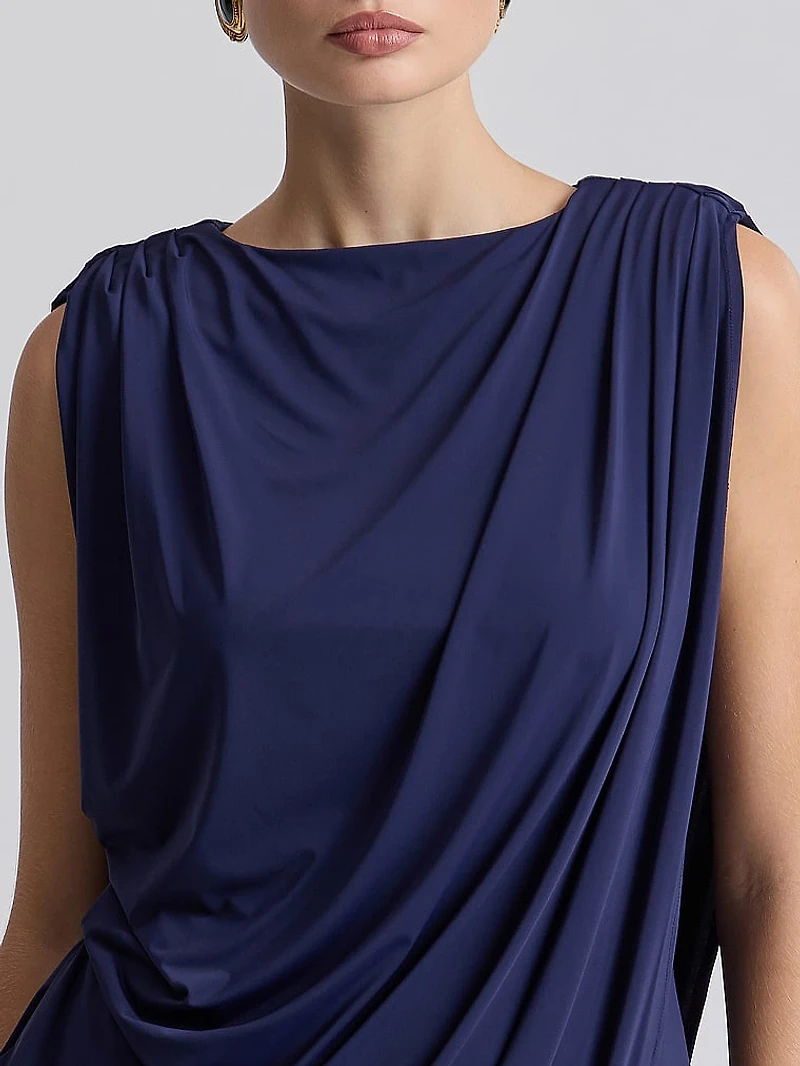 Asymmetrical Draped Strong Shoulder Mini Dress