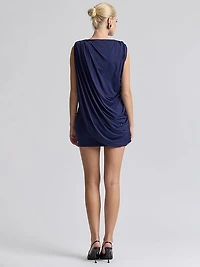 Asymmetrical Draped Strong Shoulder Mini Dress