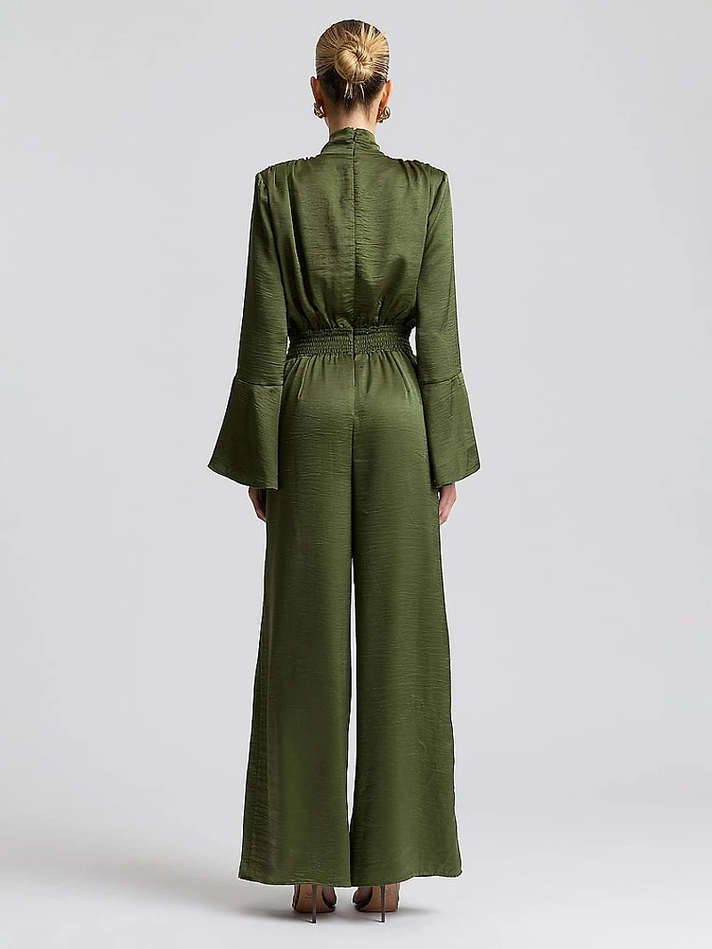 Tie-Neck Long Sleeve Wide-Leg Jumpsuit