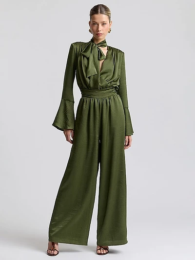Tie-Neck Long Sleeve Wide-Leg Jumpsuit