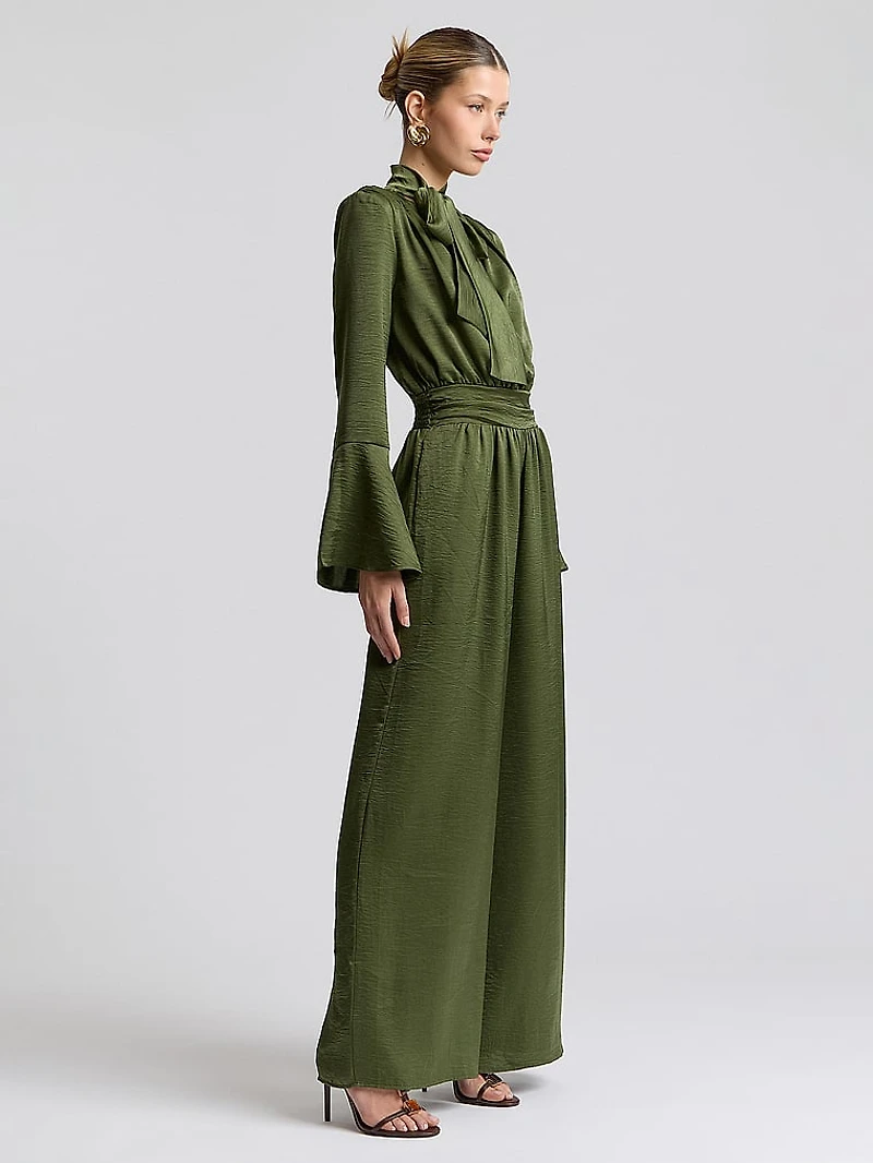 Tie-Neck Long Sleeve Wide-Leg Jumpsuit