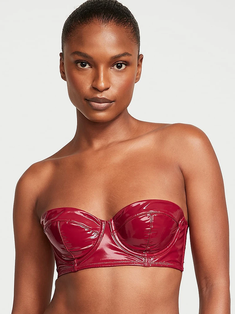 Faux Patent Leather Strapless Longline Balconette Bra