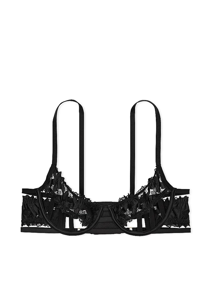 Satin Ziggy Glam Floral Embroidery Strappy Open-Cup Bra
