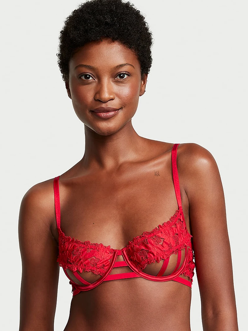 Satin Ziggy Glam Floral Embroidery Strappy Open-Cup Bra